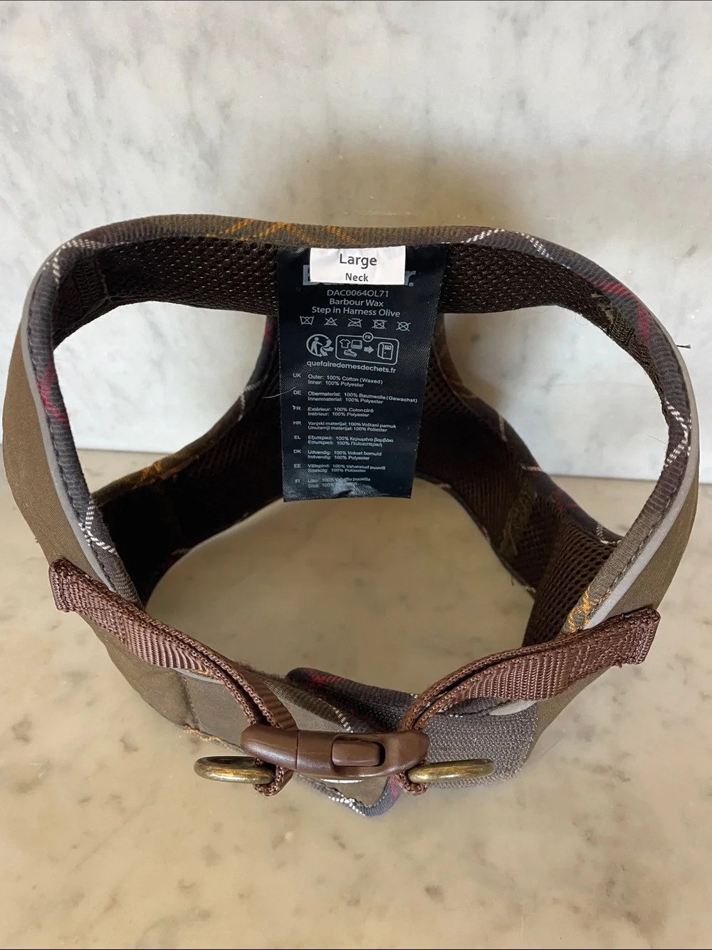 BARBOUR England Olive and Brown Dog Wax Step In Harness with Plaid Trim Large